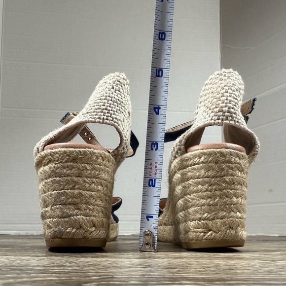 Viscata Espadrille 7.5 Navy/Tan Canvas Wedge Ankle Strap Closed Toe Nautical - Picture 8 of 9